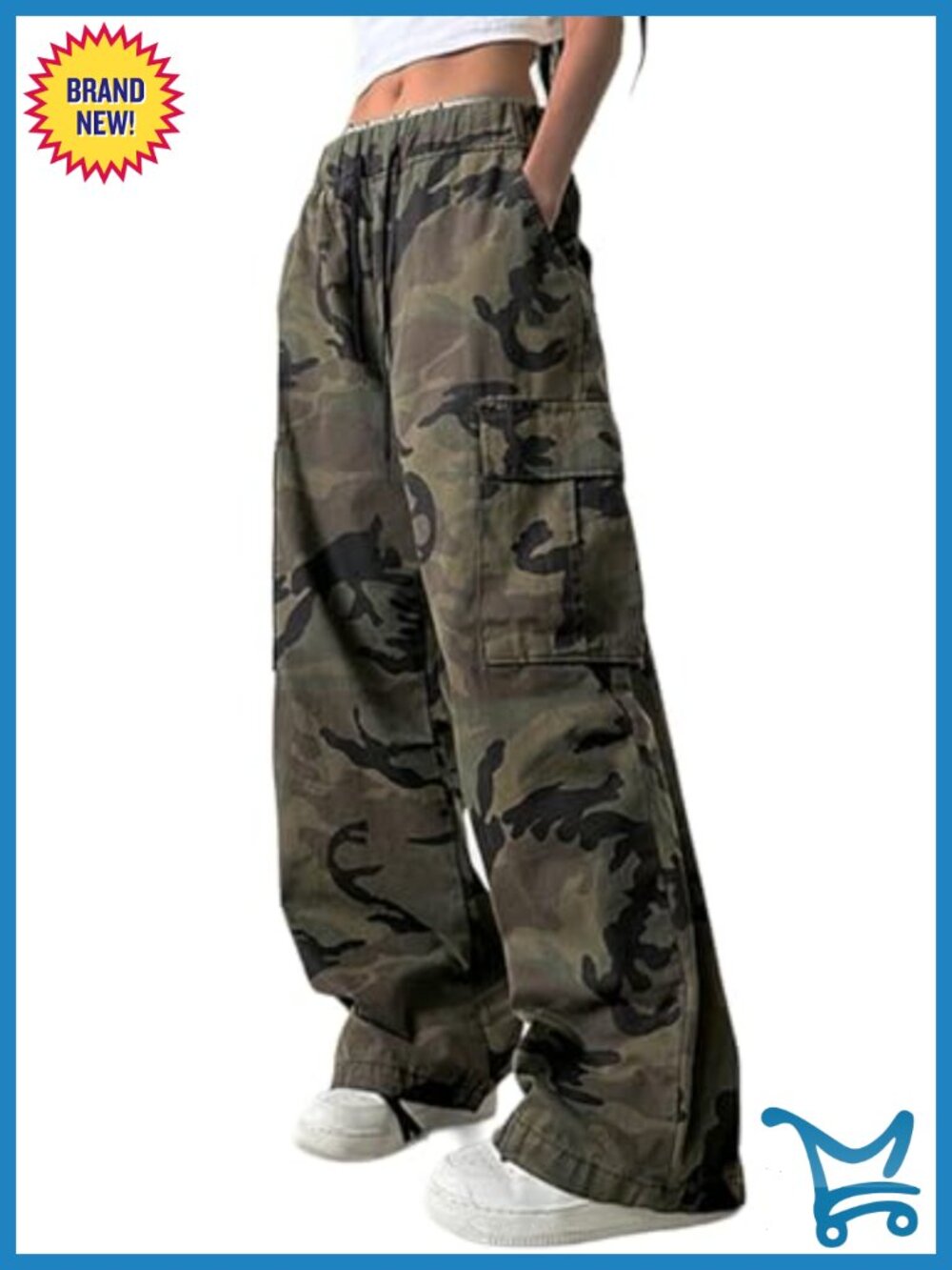 Wide Leg Camo Cargo Pants Elastic Waist Y2K with Pockets